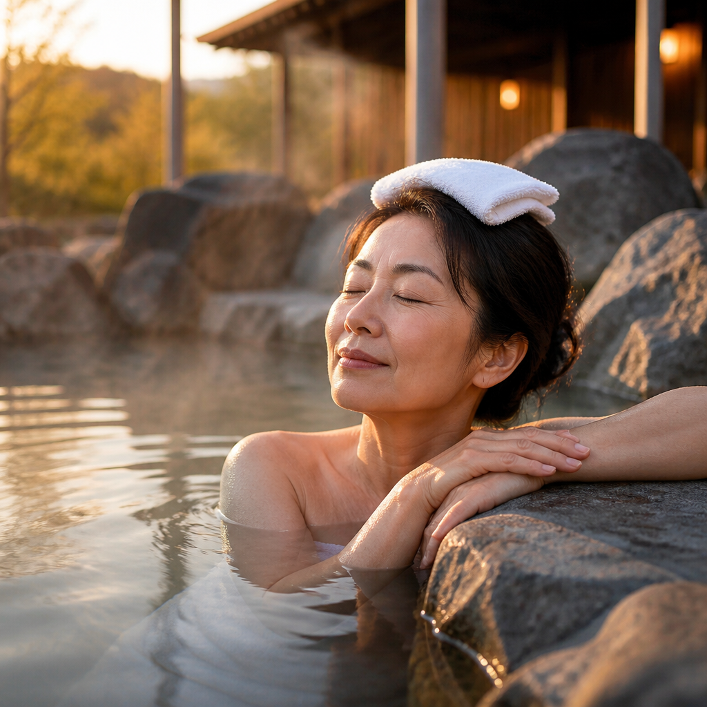 湯船の縁で濡れタオルを頭に乗せて休む女性