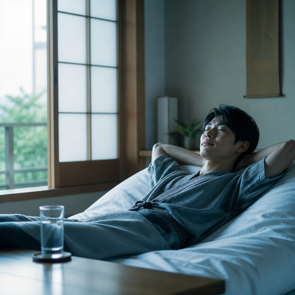 旅館の部屋で静かに休む人