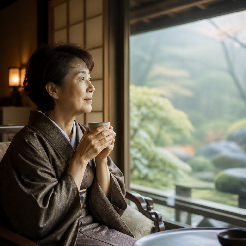 温泉宿の窓辺でお茶を飲む女性