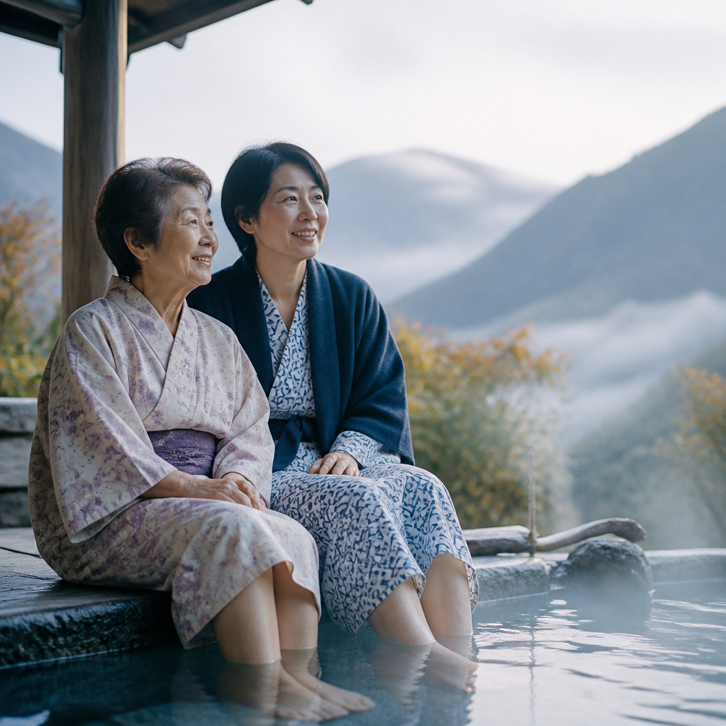 母娘が露天風呂の縁に腰掛けて微笑む穏やかな情景