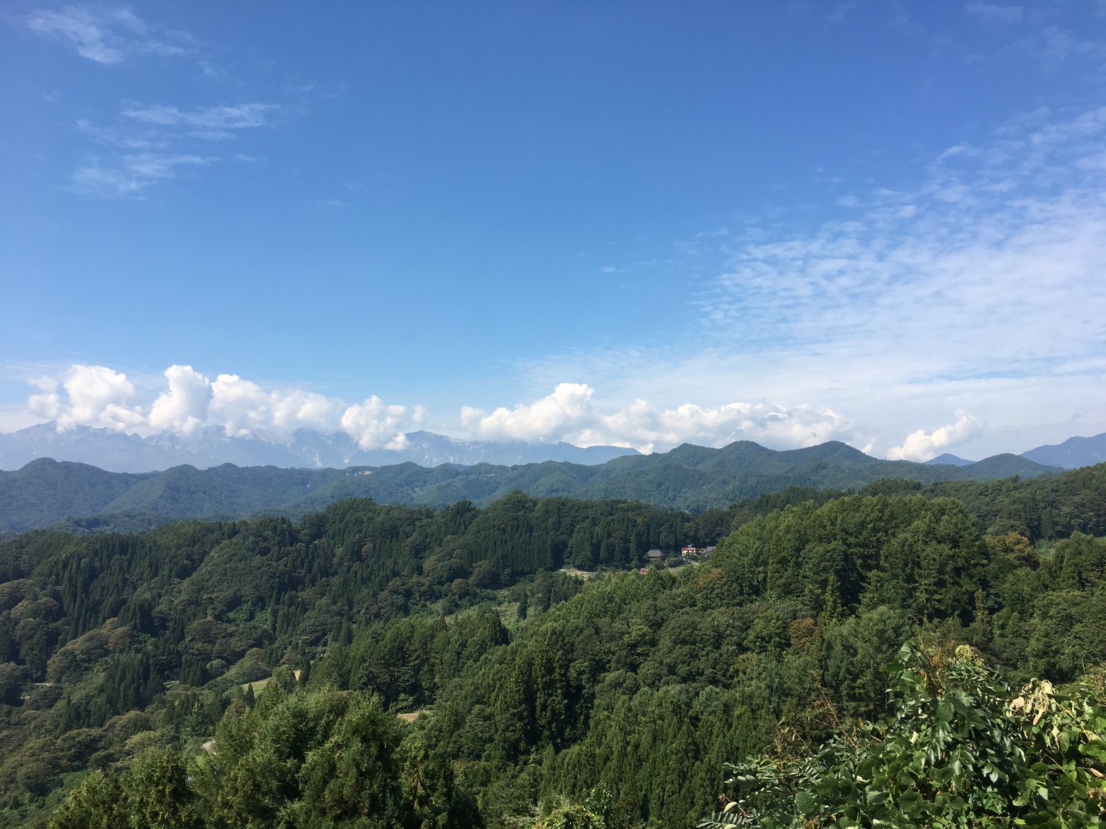 手前に広がる深い緑の森と、幾重にも重なる山並み。奥には雲をまとった高い峰が連なり、上は青空