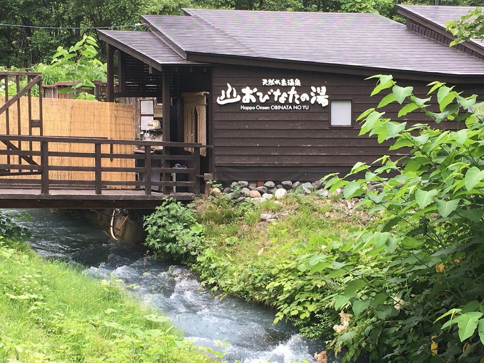 渓流のすぐ横に建つおびなたの湯の建物。壁に「天然水素温泉 おびなたの湯」の看板、足元を白い流れが走っている
